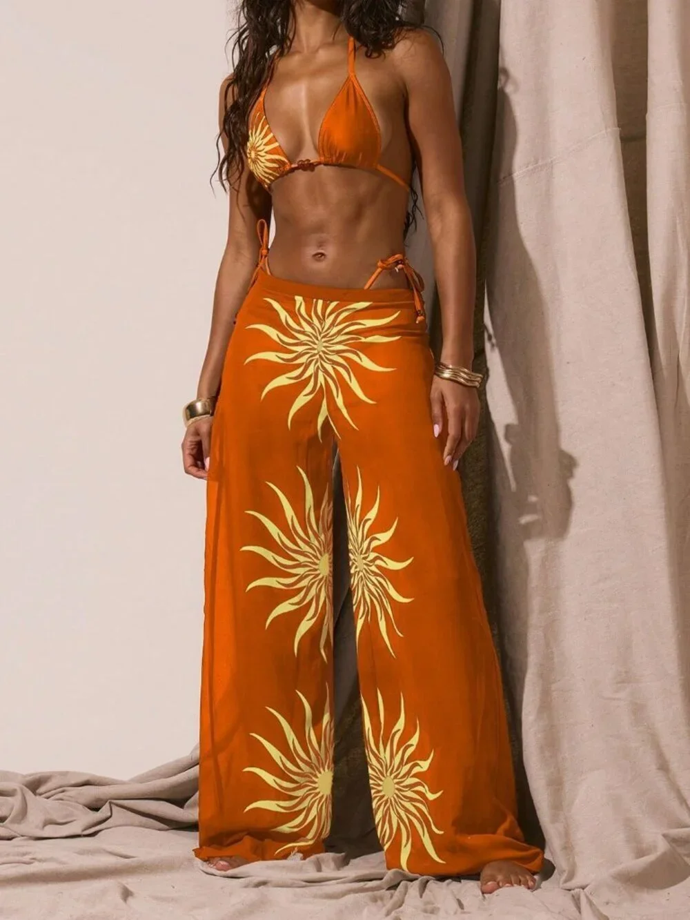 Burnt Orange Boho Women's Resort Graphic Sun Print Cover-Up Beach Pants
